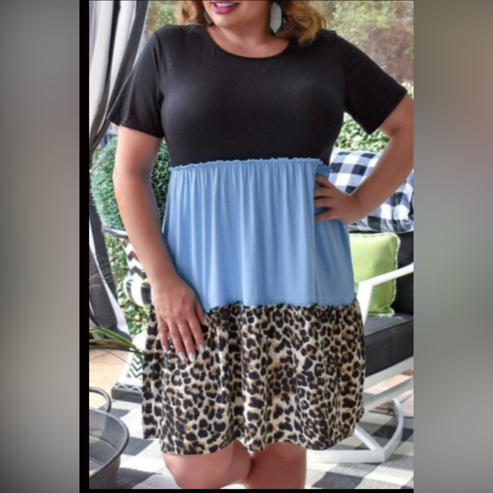 Sky Blue Color Block Leopard Patchwork T Shirt Plus Size Dress 4X